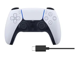 A white game controller with a charging cable