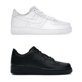 One all-white and one all-black leather low-top trainer