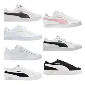 Eight white and black court shoes with contrasting side stripes