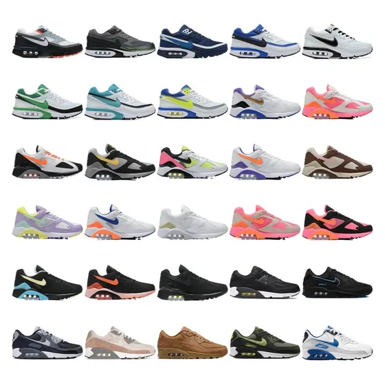 Grid of retro running shoes in black, white, pink, lime and sky blue