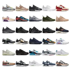 Dense grid of thirty running shoes in mixed colours