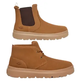 A chestnut suede Chelsea boot and a chestnut lace-up ankle boot