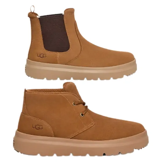 A chestnut suede Chelsea boot and a chestnut lace-up ankle boot