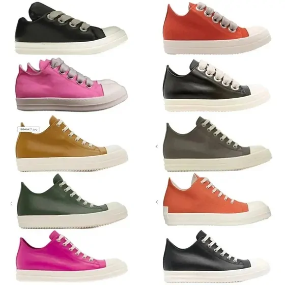 Ten canvas low-tops with thick white soles in black, red, pink, mustard and green
