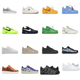 Grid of sixteen low-top trainers in neon green, orange, white, black and purple