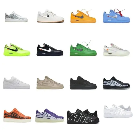 Grid of sixteen low-top trainers in neon green, orange, white, black and purple