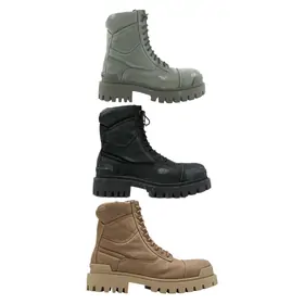 Three lace-up boots with deep lug soles in sage green, black and tan