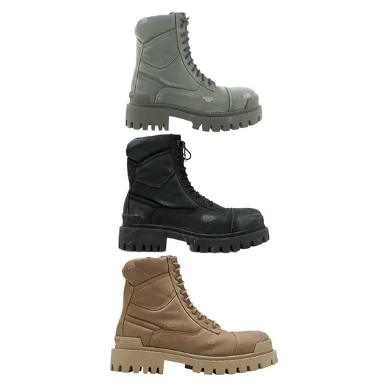 Three lace-up boots with deep lug soles in sage green, black and tan