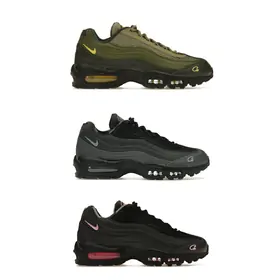 Three running shoes with wavy side panels in olive, charcoal and black