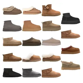 Grid of mini boots and platform slippers in chestnut, grey and black