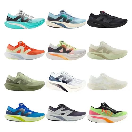 Twelve racing running shoes in teal, orange, sage, white and blue