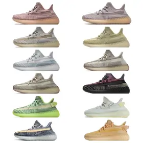 Grid of knit running shoes in blush, sage, oat and lime