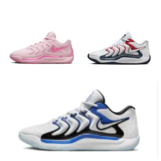 A pink court shoe and a white court shoe with blue swirling panels
