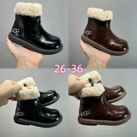 Children's black and brown patent boots with a fleece cuff